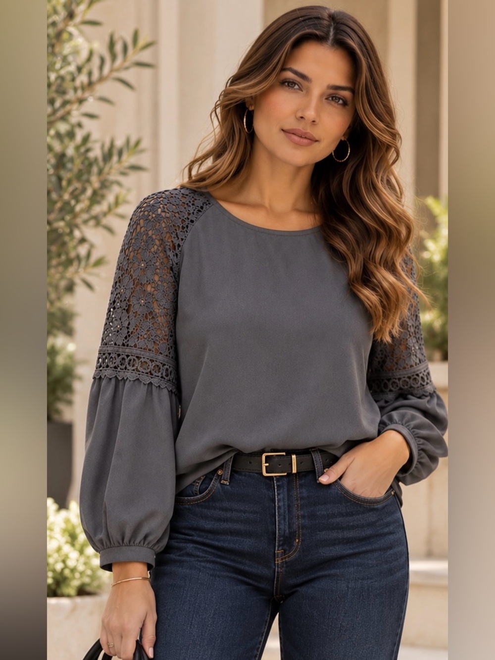LOFT Gray Lace Sleeve Blouse 100% Rayon Balloon Sleeve Elegant NWT